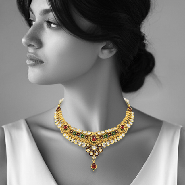 Traditional Necklace with Polki, Red & Green Enamel